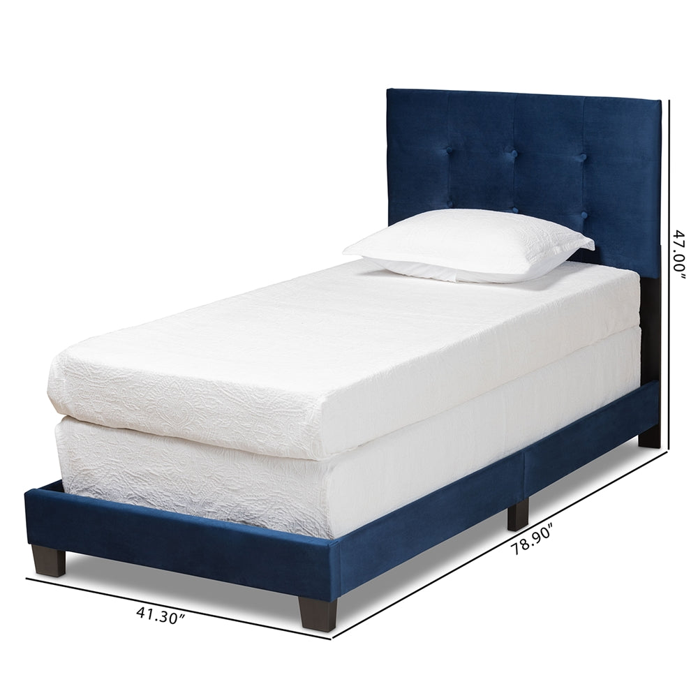 Caprice Glam Navy Blue Velvet Fabric Upholstered Twin Size Panel Bed