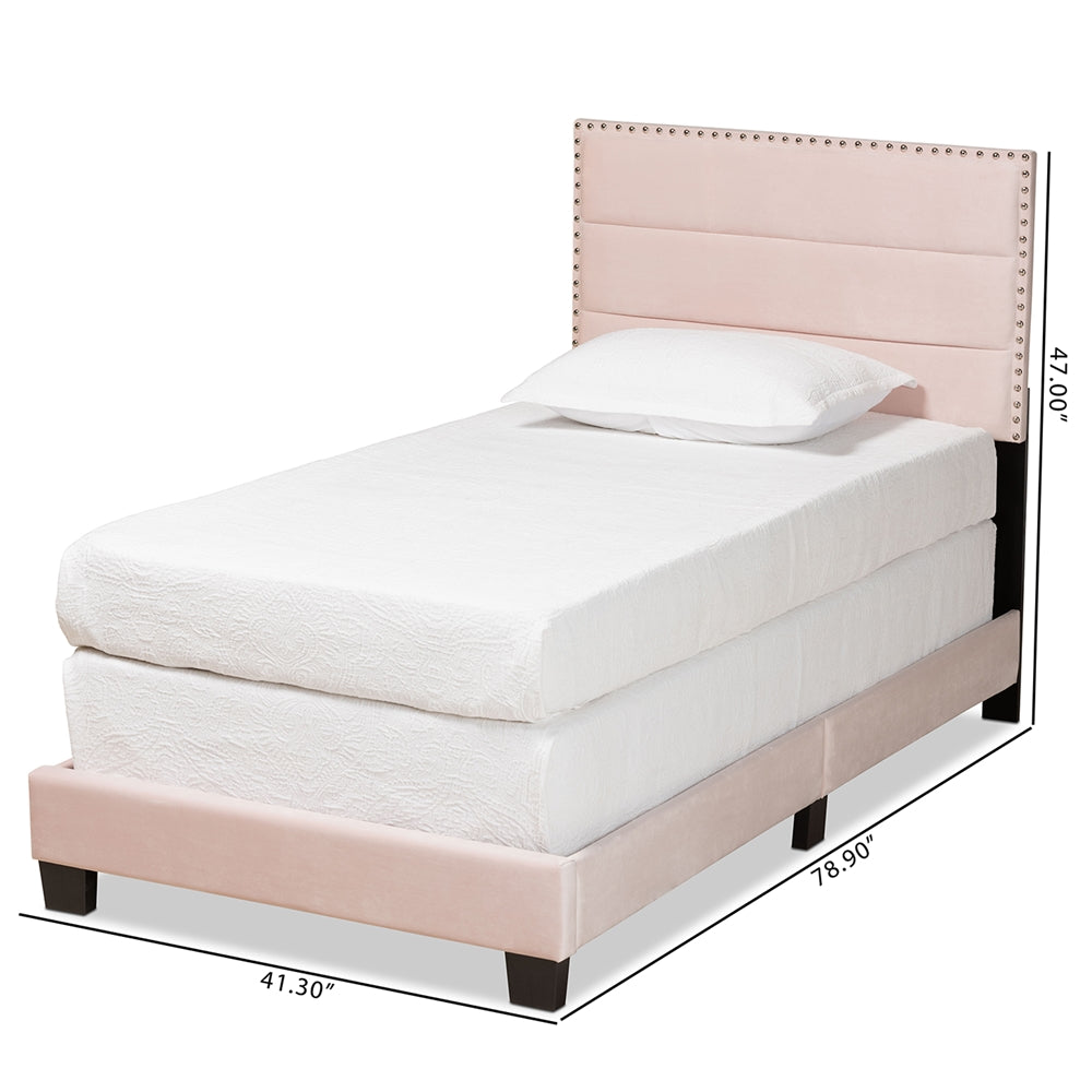 Tamira Glam Light Pink Velvet Fabric Upholstered Twin Size Panel Bed