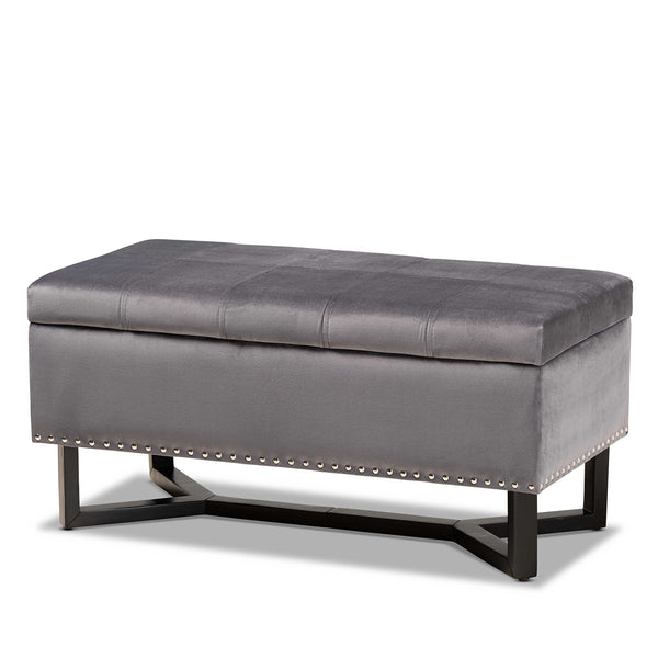 Esther Modern and Contemporary Grey Velvet Fabric Upholstered and Dark Brown Finished Wood Storage Ottoman