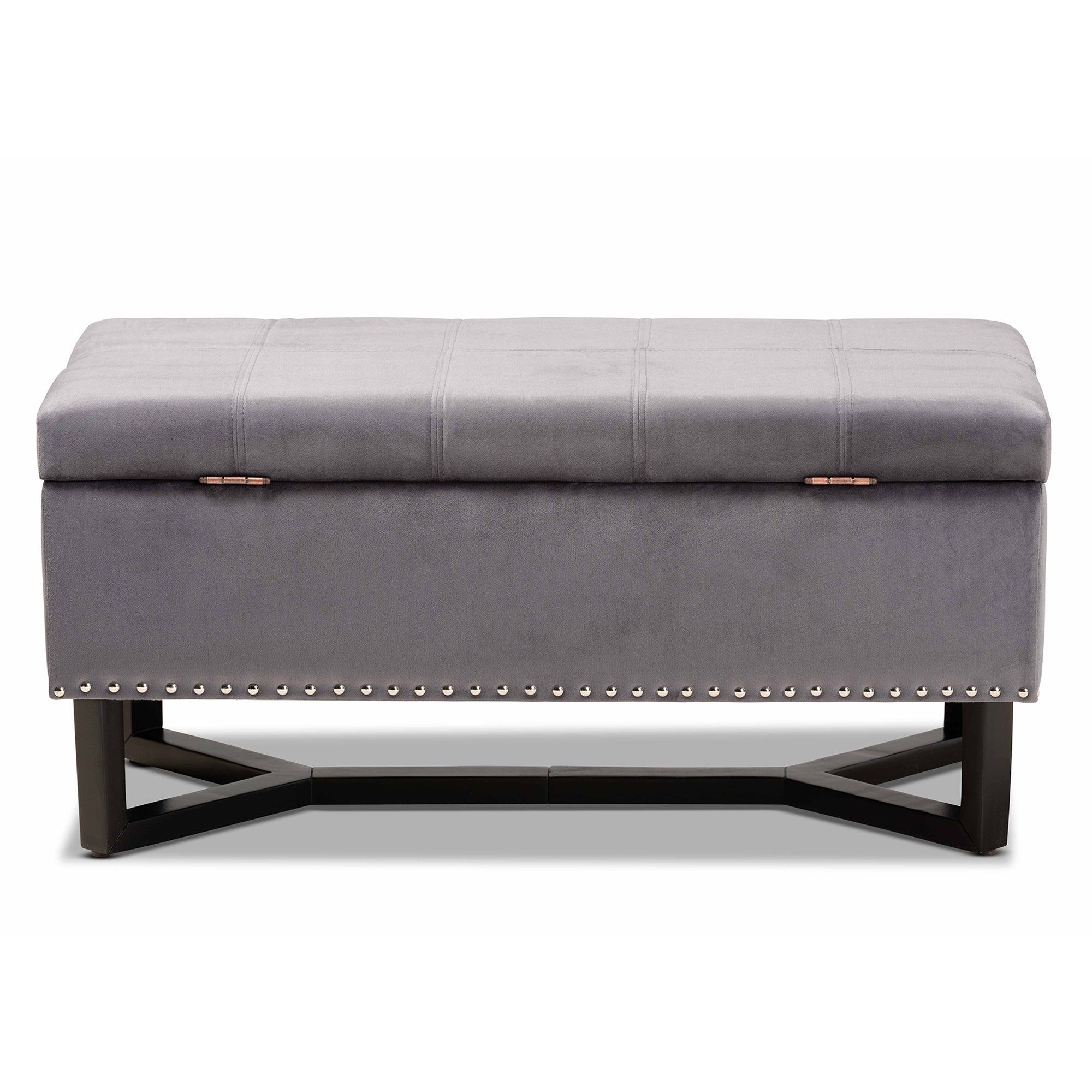 Esther Modern and Contemporary Grey Velvet Fabric Upholstered and Dark Brown Finished Wood Storage Ottoman