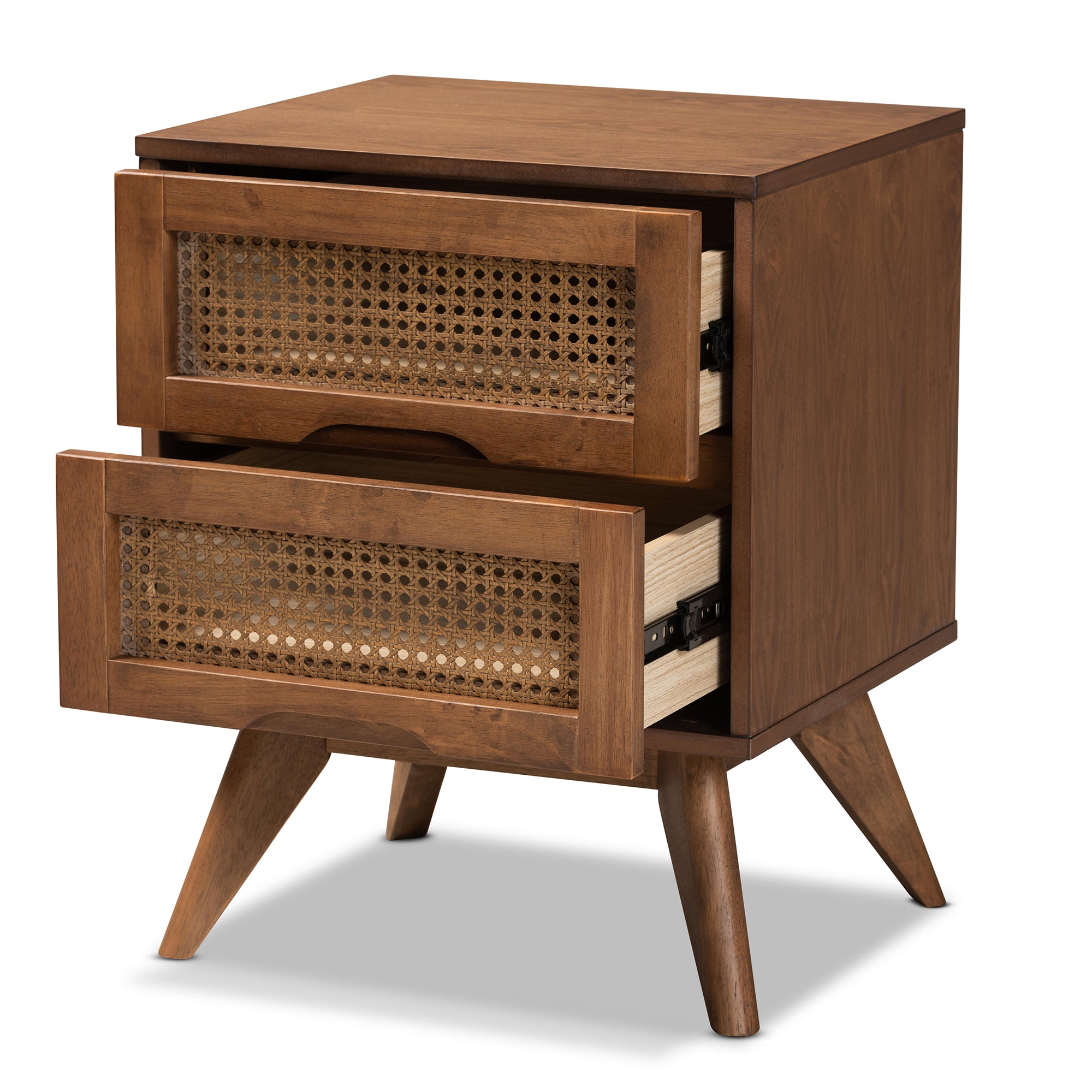 Barrett Mid-Century Modern Walnut Brown Finished Wood and Synthetic Rattan 2-Drawer Nightstand