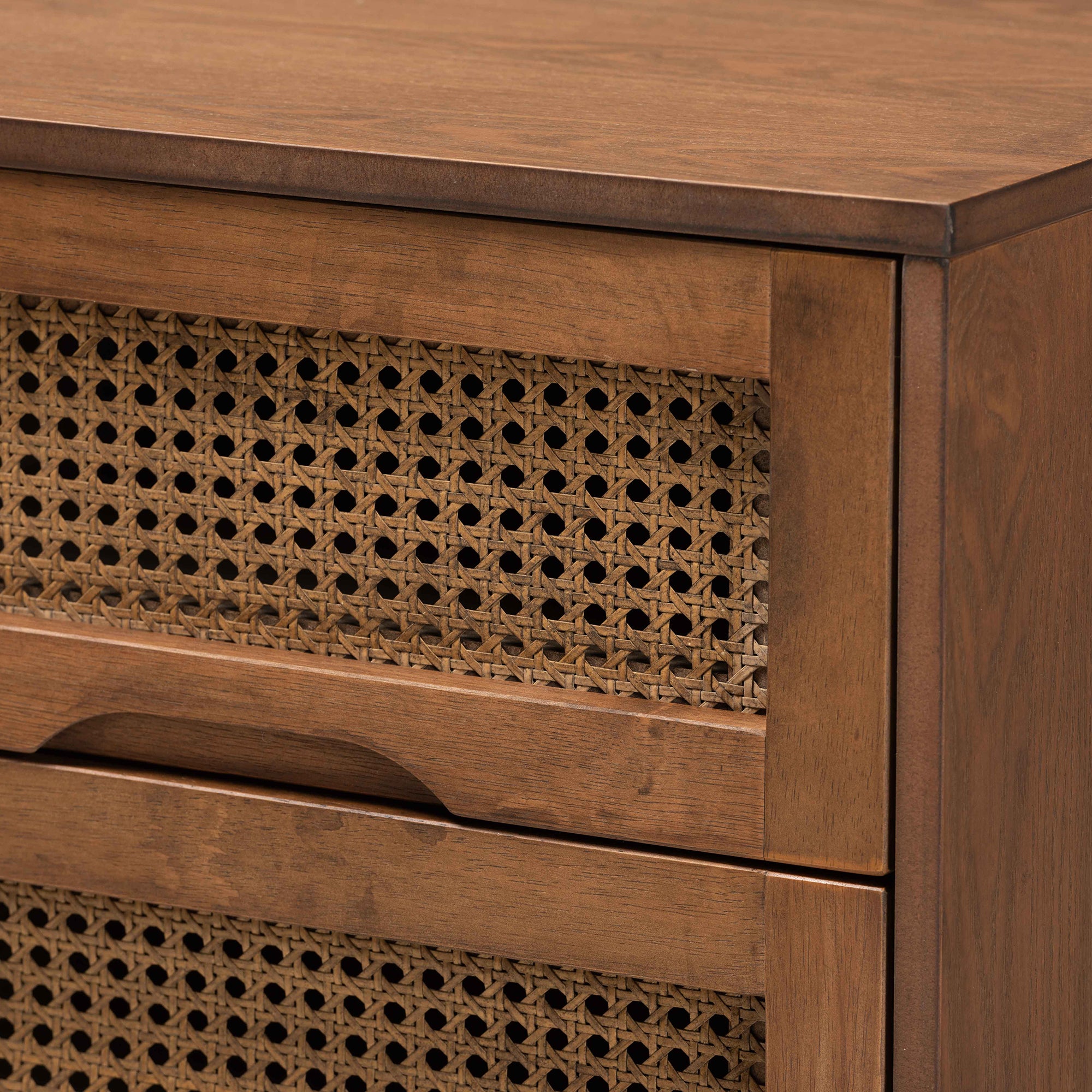 Barrett Mid-Century Modern Walnut Brown Finished Wood and Synthetic Rattan 2-Drawer Nightstand
