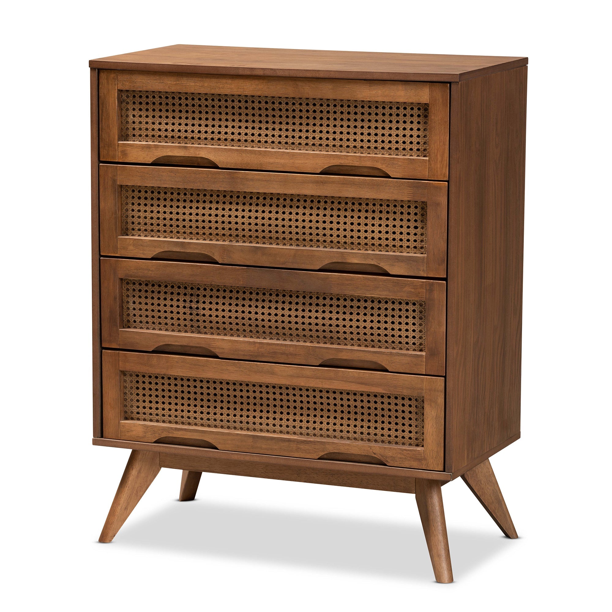 Barrett Mid-Century Modern Walnut Brown Finished Wood and Synthetic Rattan 4-Drawer Chest