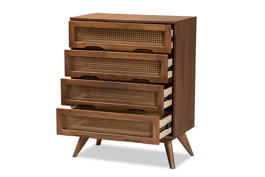 Barrett Mid-Century Modern Walnut Brown Finished Wood and Synthetic Rattan 4-Drawer Chest