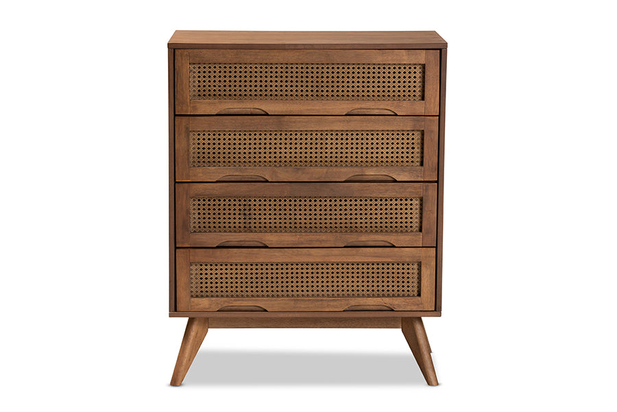 Barrett Mid-Century Modern Walnut Brown Finished Wood and Synthetic Rattan 4-Drawer Chest