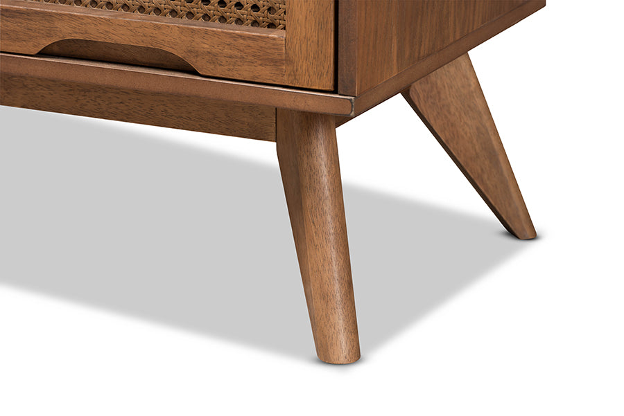 Barrett Mid-Century Modern Walnut Brown Finished Wood and Synthetic Rattan 4-Drawer Chest