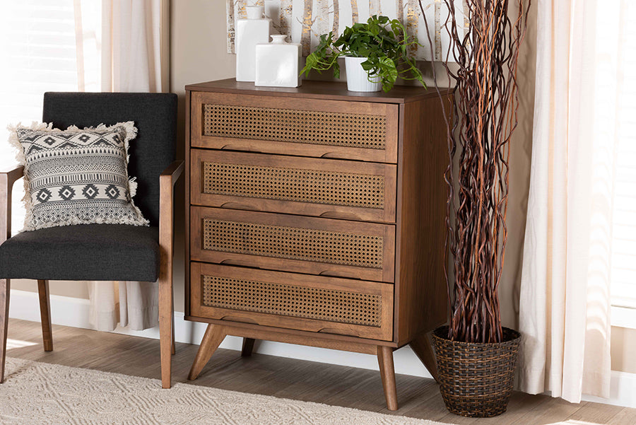 Barrett Mid-Century Modern Walnut Brown Finished Wood and Synthetic Rattan 4-Drawer Chest