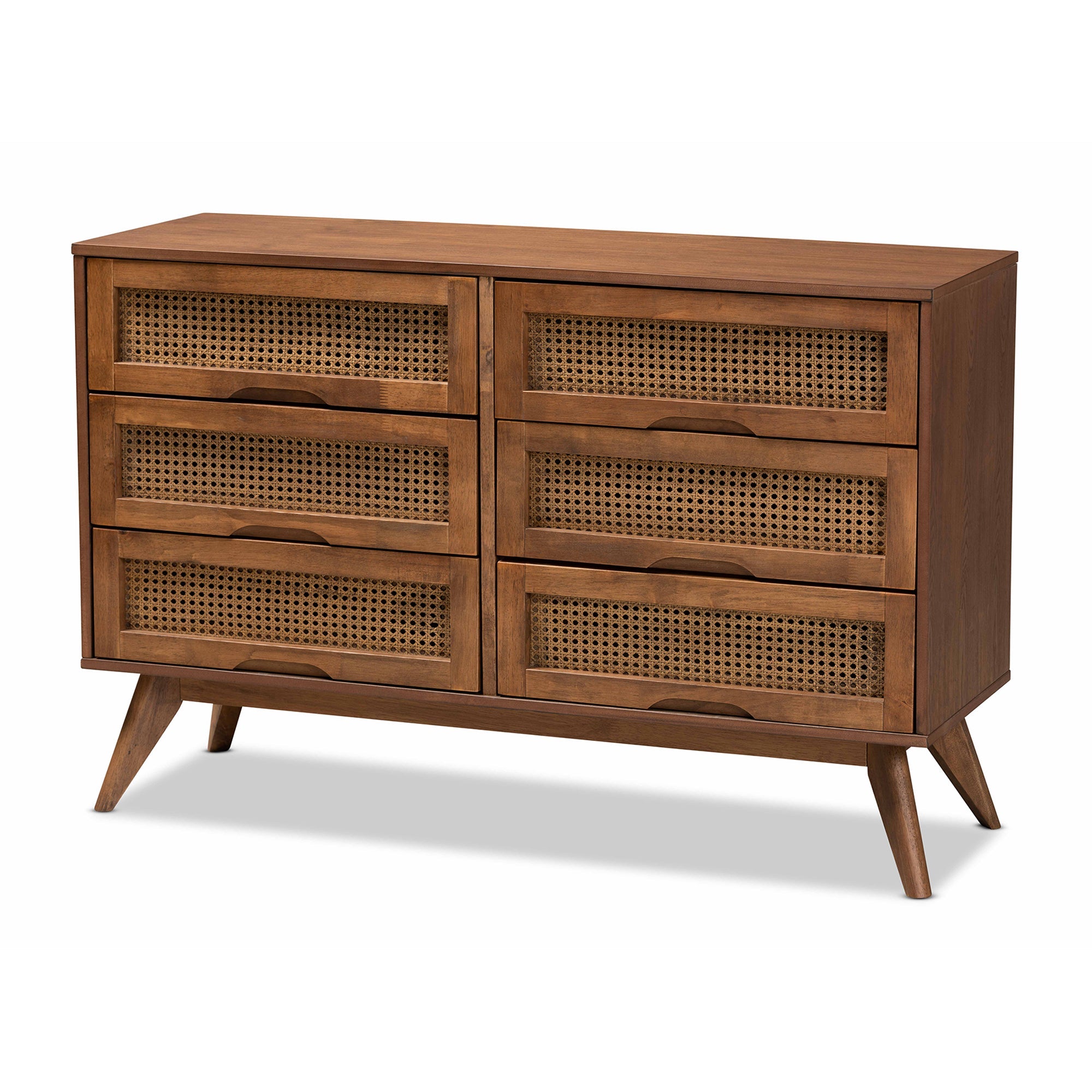 Barrett Mid-Century Modern Walnut Brown Finished Wood and Synthetic Rattan 6-Drawer Dresser