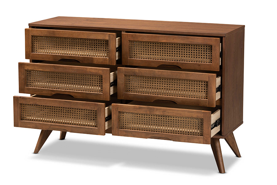 Barrett Mid-Century Modern Walnut Brown Finished Wood and Synthetic Rattan 6-Drawer Dresser