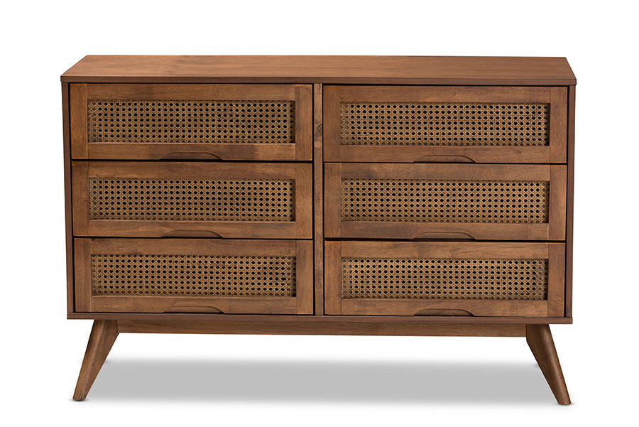 Barrett Mid-Century Modern Walnut Brown Finished Wood and Synthetic Rattan 6-Drawer Dresser