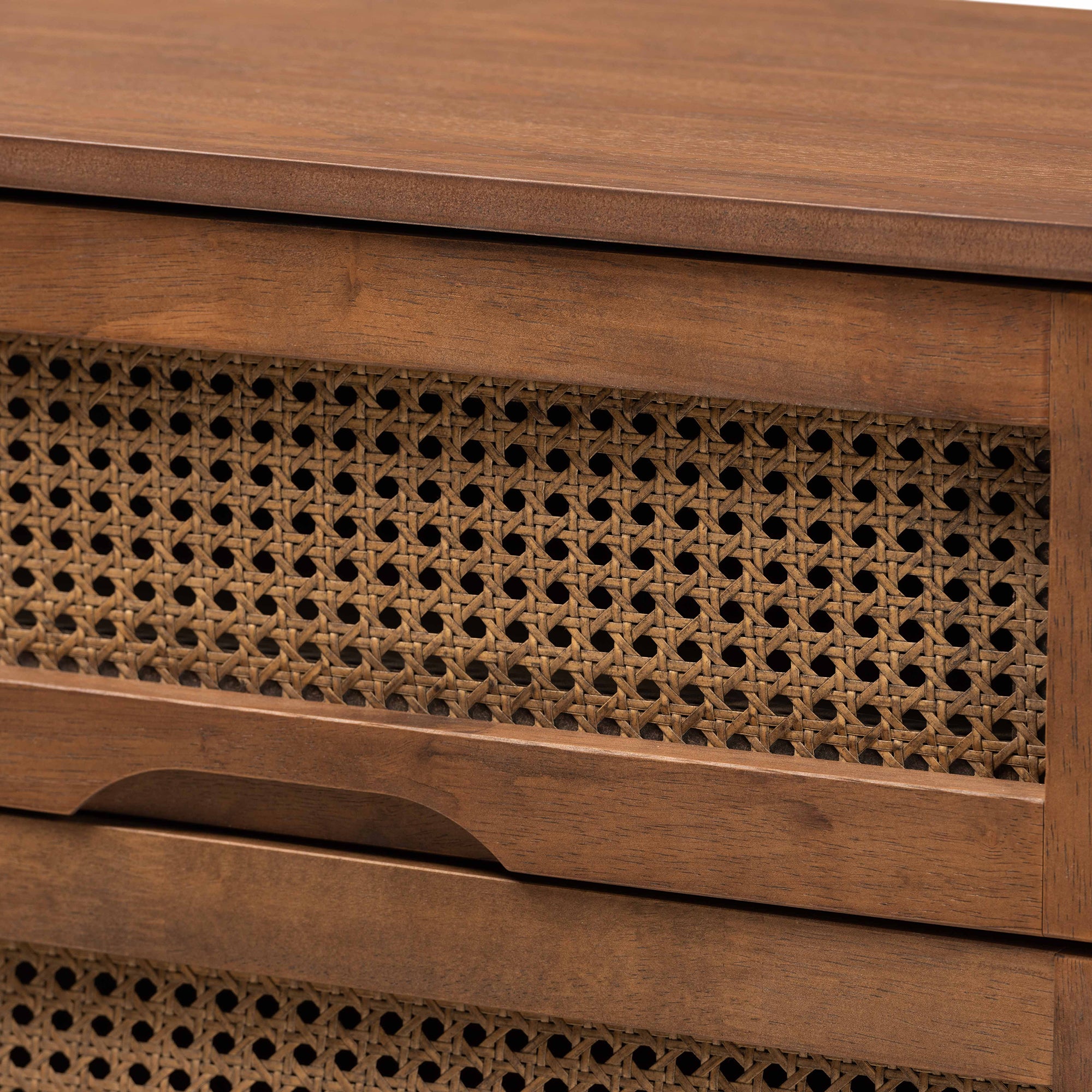 Barrett Mid-Century Modern Walnut Brown Finished Wood and Synthetic Rattan 6-Drawer Dresser
