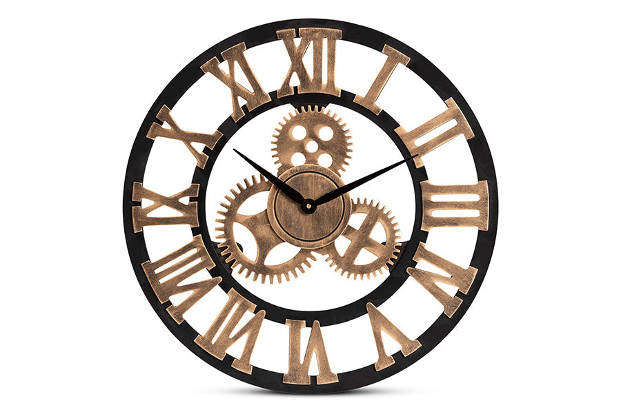 Randolph Industrial Vintage Style Black and Distressed Brown Finished Wood Wall Clock
