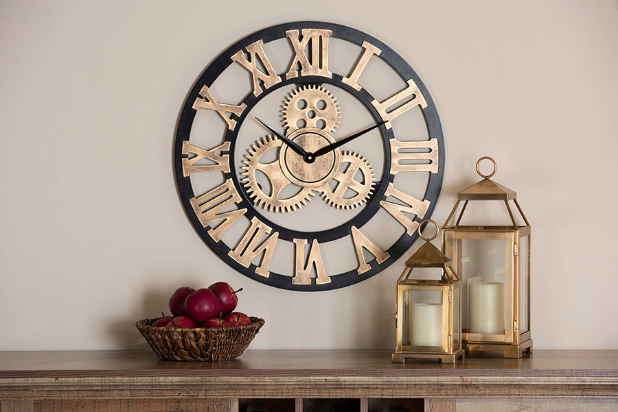 Randolph Industrial Vintage Style Black and Distressed Brown Finished Wood Wall Clock