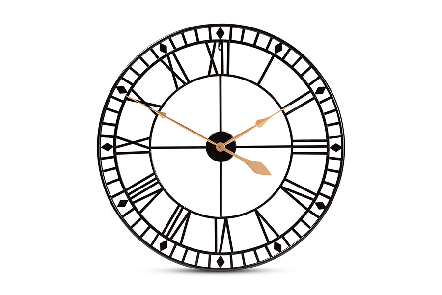 Janette Classic Contemporary Black and Gold Finished Metal Wall Clock