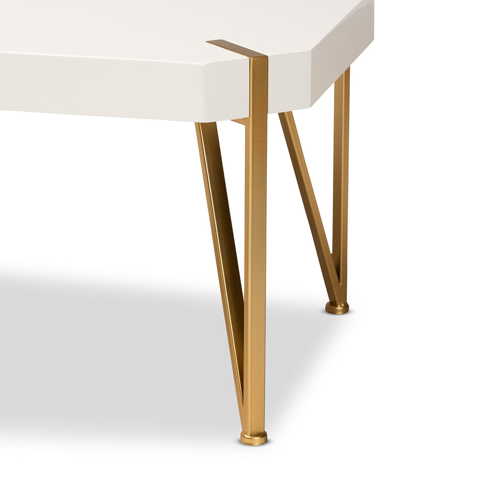 Kassa Contemporary  and  Brushed Gold Metal and White Finished Wood Coffee Table