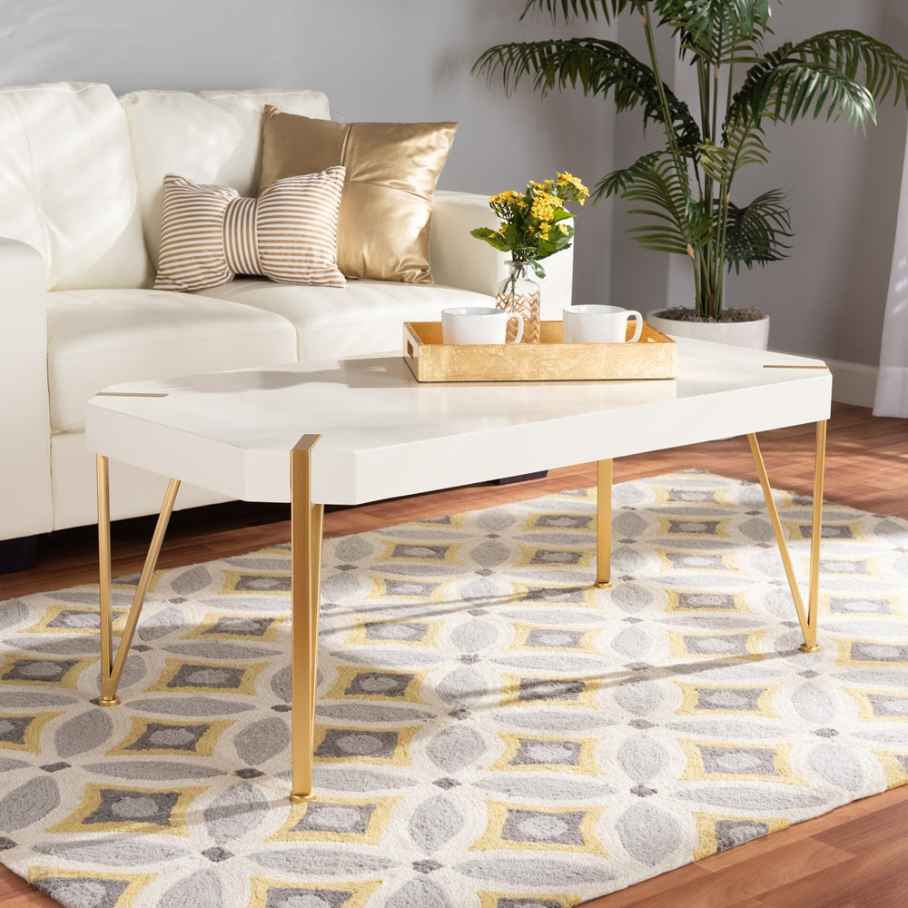 Kassa Contemporary  and  Brushed Gold Metal and White Finished Wood Coffee Table