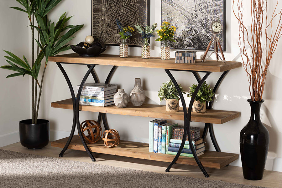 Terrell Modern Rustic and Industrial Natural Brown Finished Wood and Black Finished Metal Console Table