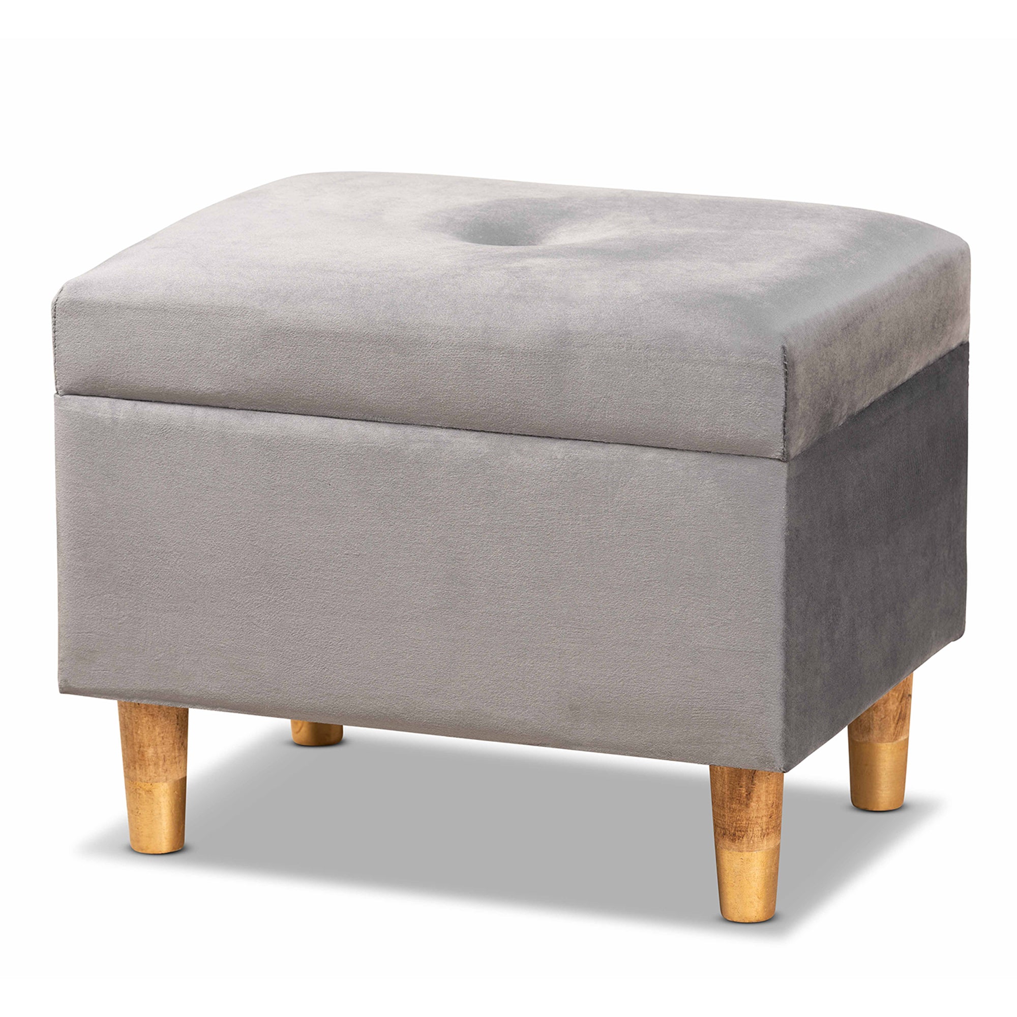 Elias Modern and Contemporary Grey Velvet Fabric Upholstered and Oak Brown Finished Wood Storage Ottoman