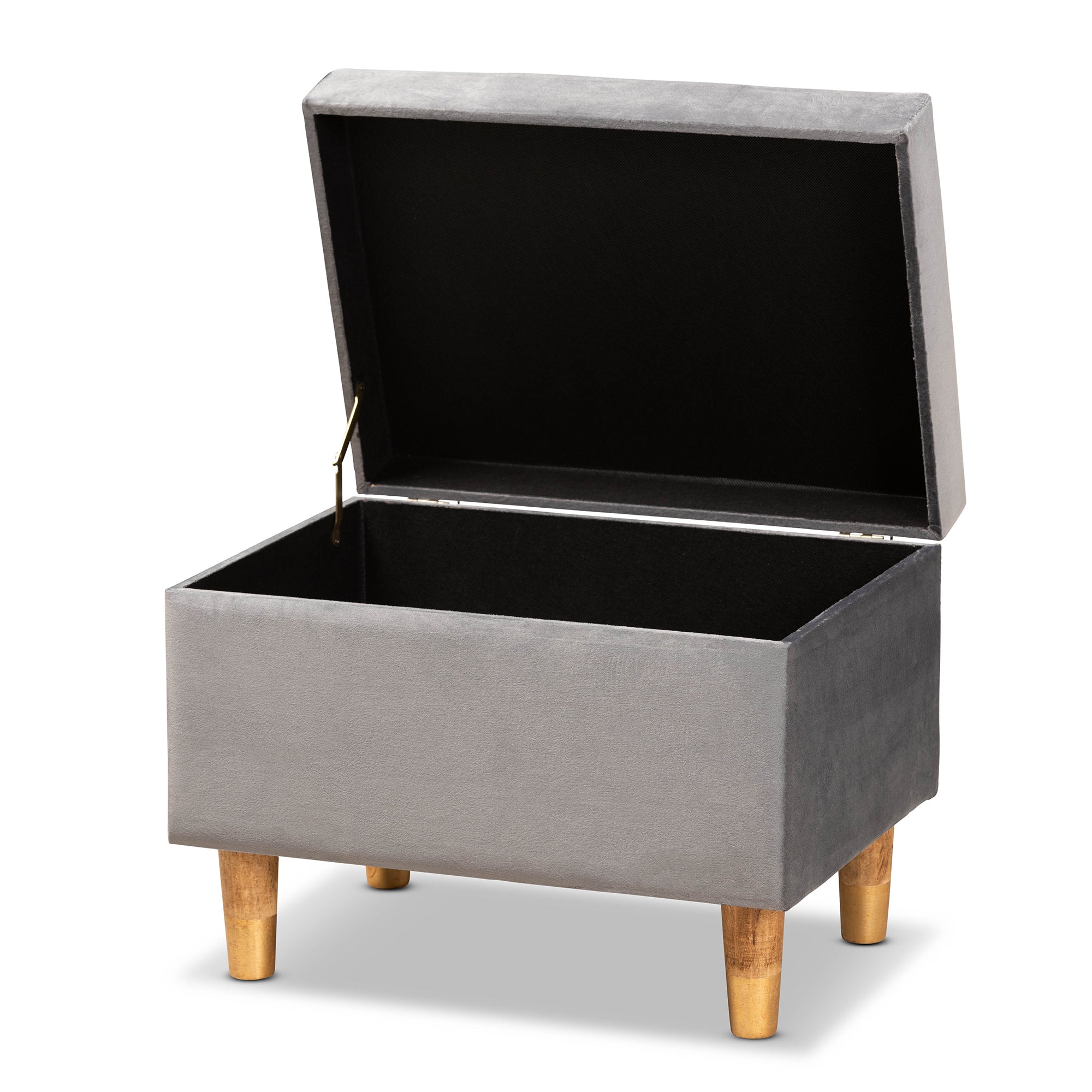 Elias Modern and Contemporary Grey Velvet Fabric Upholstered and Oak Brown Finished Wood Storage Ottoman