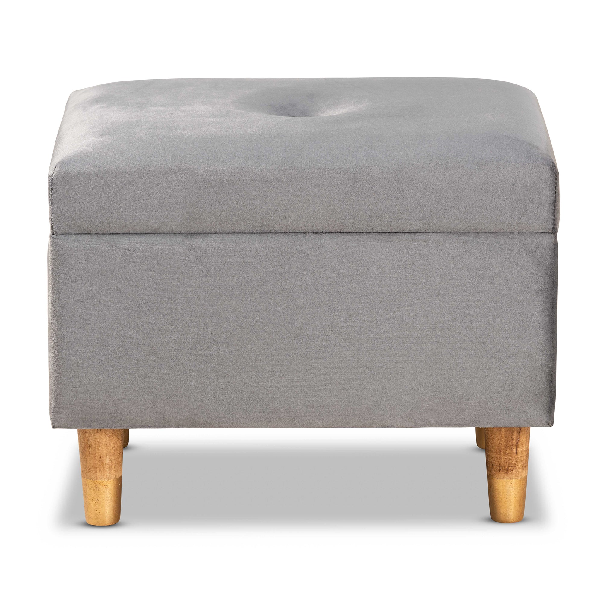 Elias Modern and Contemporary Grey Velvet Fabric Upholstered and Oak Brown Finished Wood Storage Ottoman