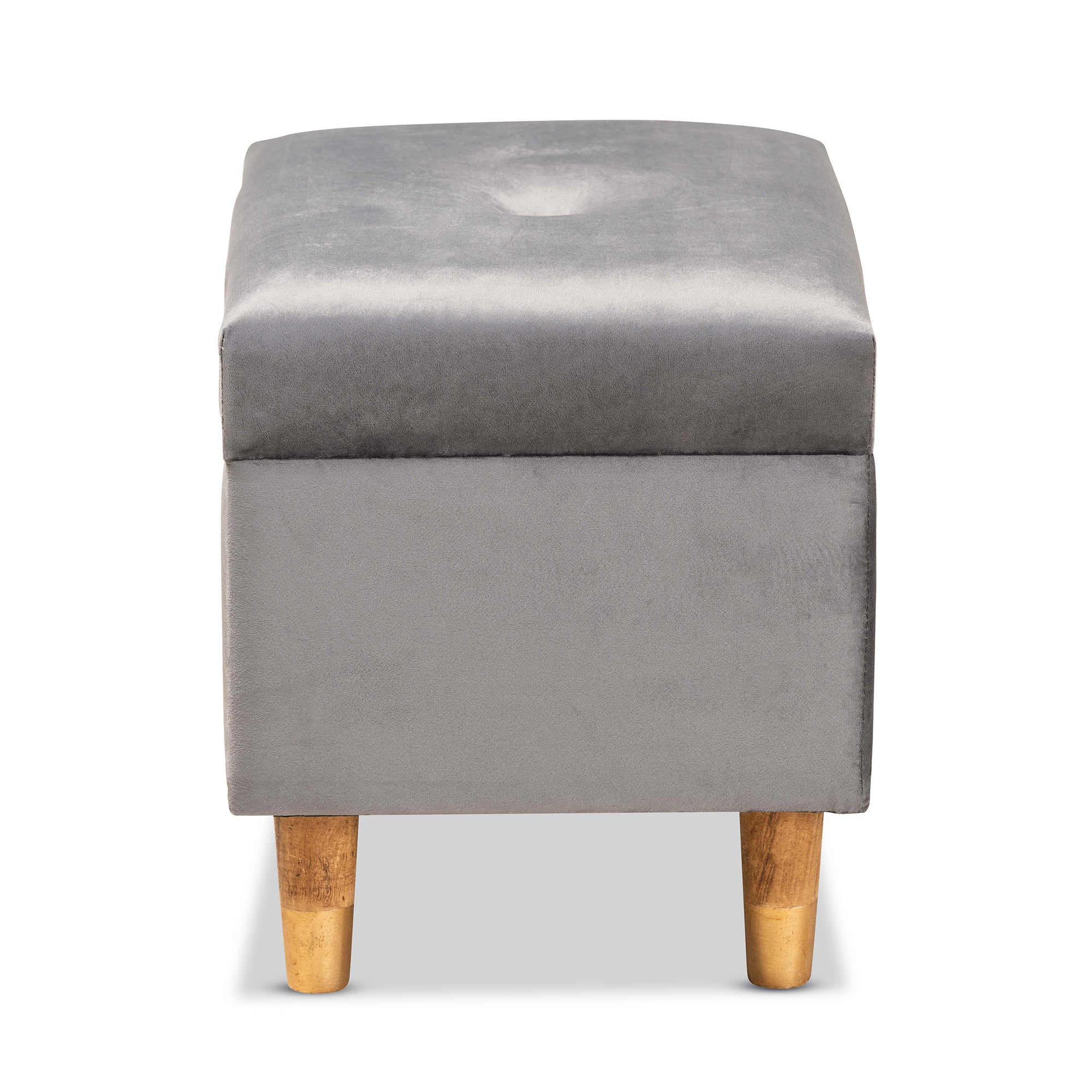 Elias Modern and Contemporary Grey Velvet Fabric Upholstered and Oak Brown Finished Wood Storage Ottoman