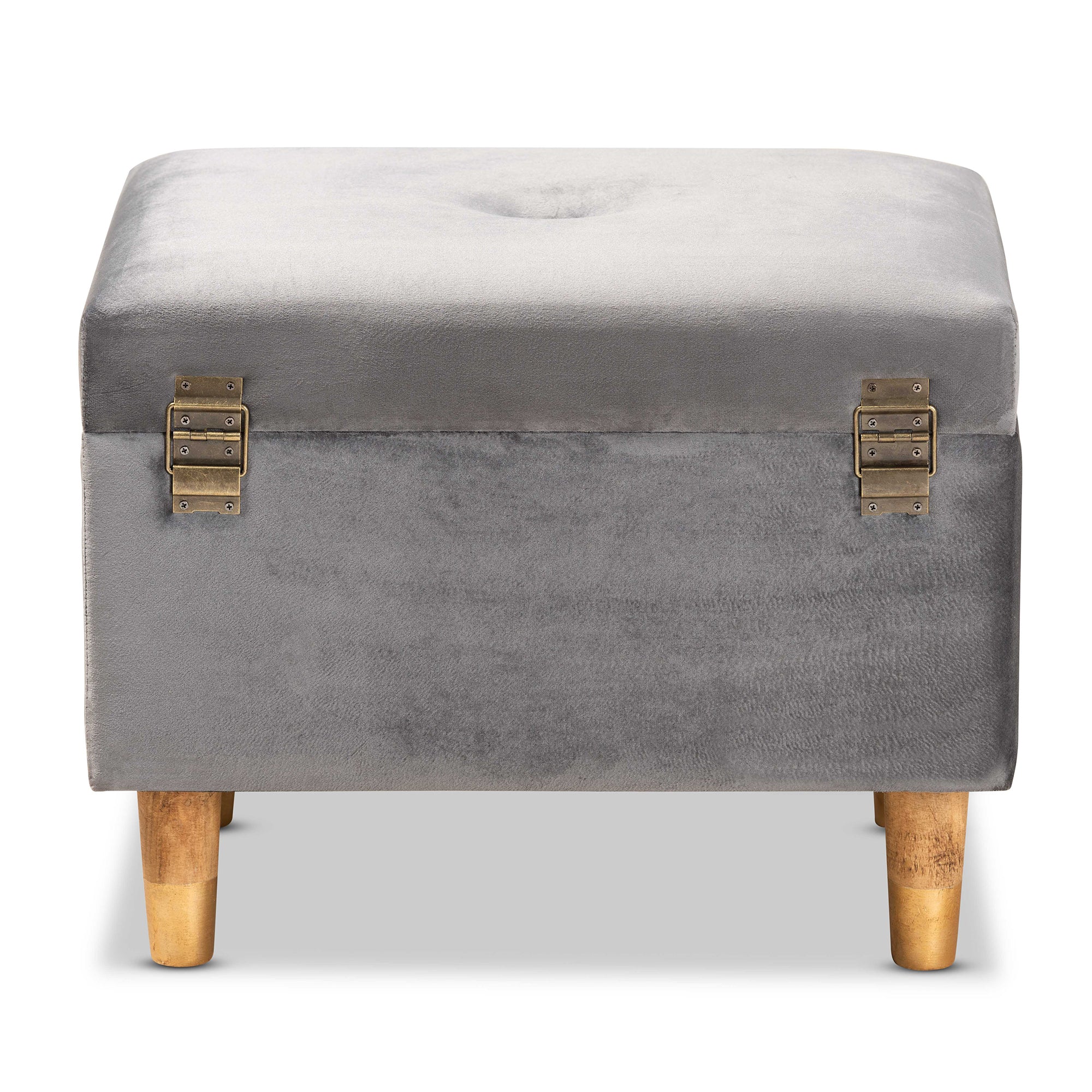 Elias Modern and Contemporary Grey Velvet Fabric Upholstered and Oak Brown Finished Wood Storage Ottoman
