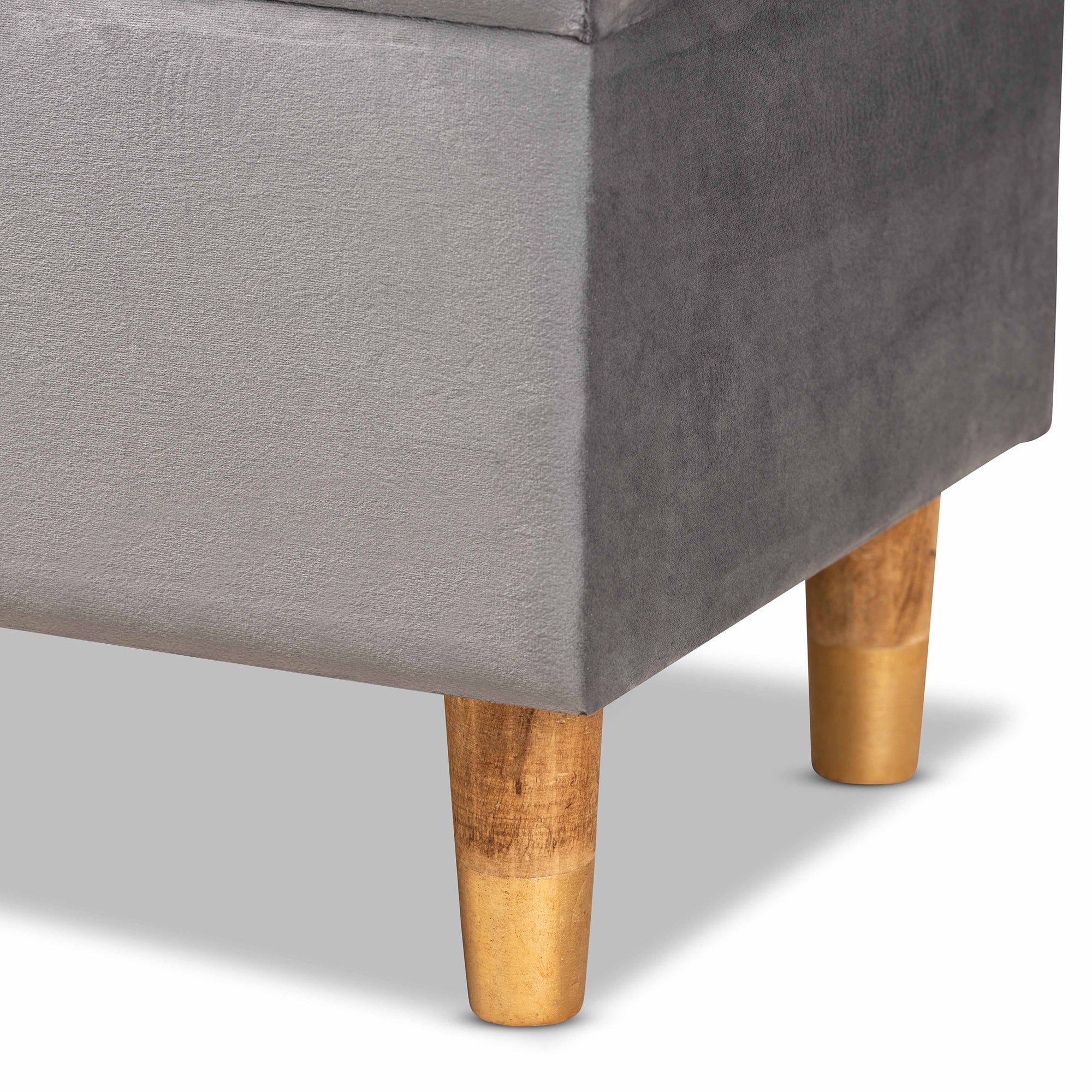 Elias Modern and Contemporary Grey Velvet Fabric Upholstered and Oak Brown Finished Wood Storage Ottoman