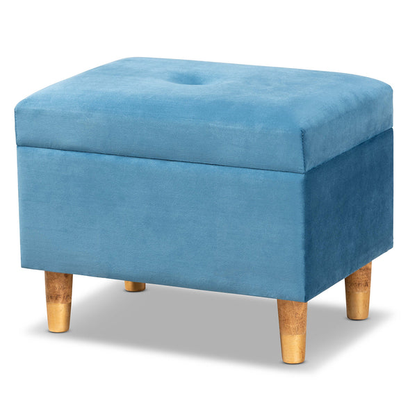 Elias Modern and Contemporary Sky Blue Velvet Fabric Upholstered and Oak Brown Finished Wood Storage Ottoman