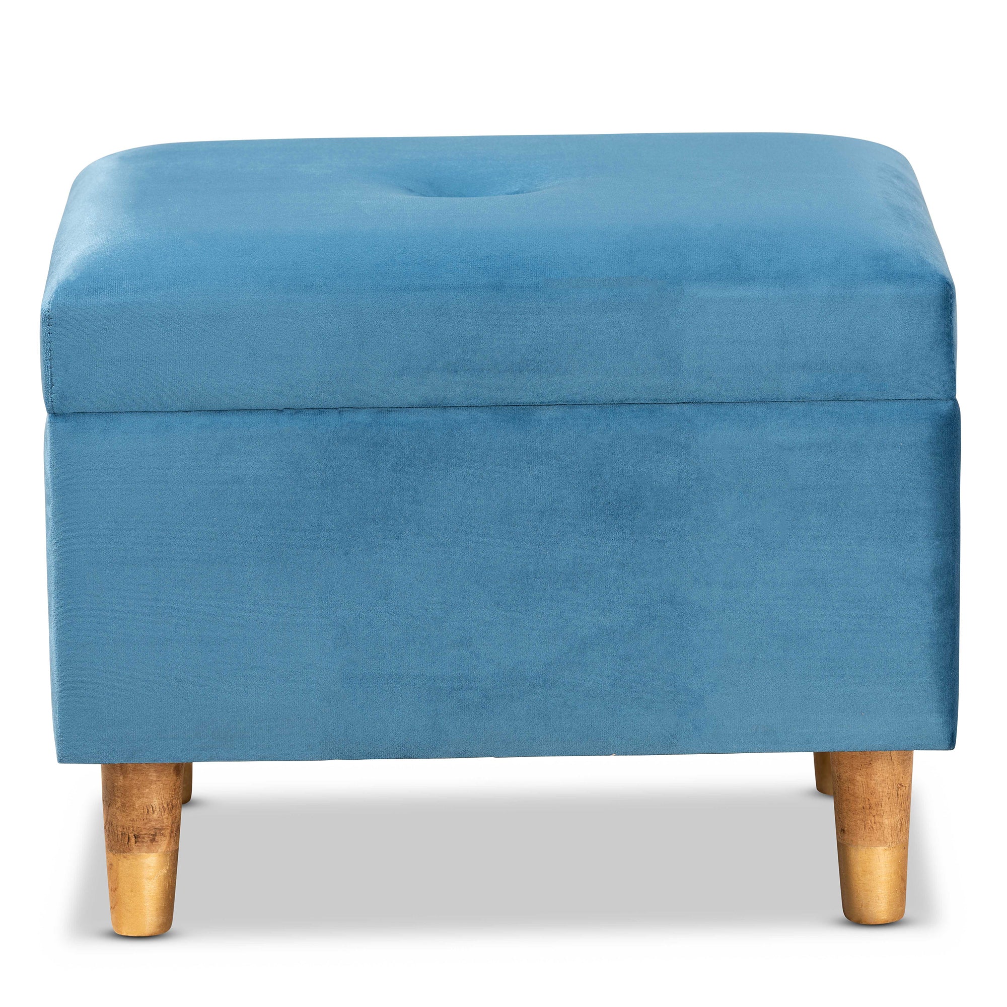 Elias Modern and Contemporary Sky Blue Velvet Fabric Upholstered and Oak Brown Finished Wood Storage Ottoman
