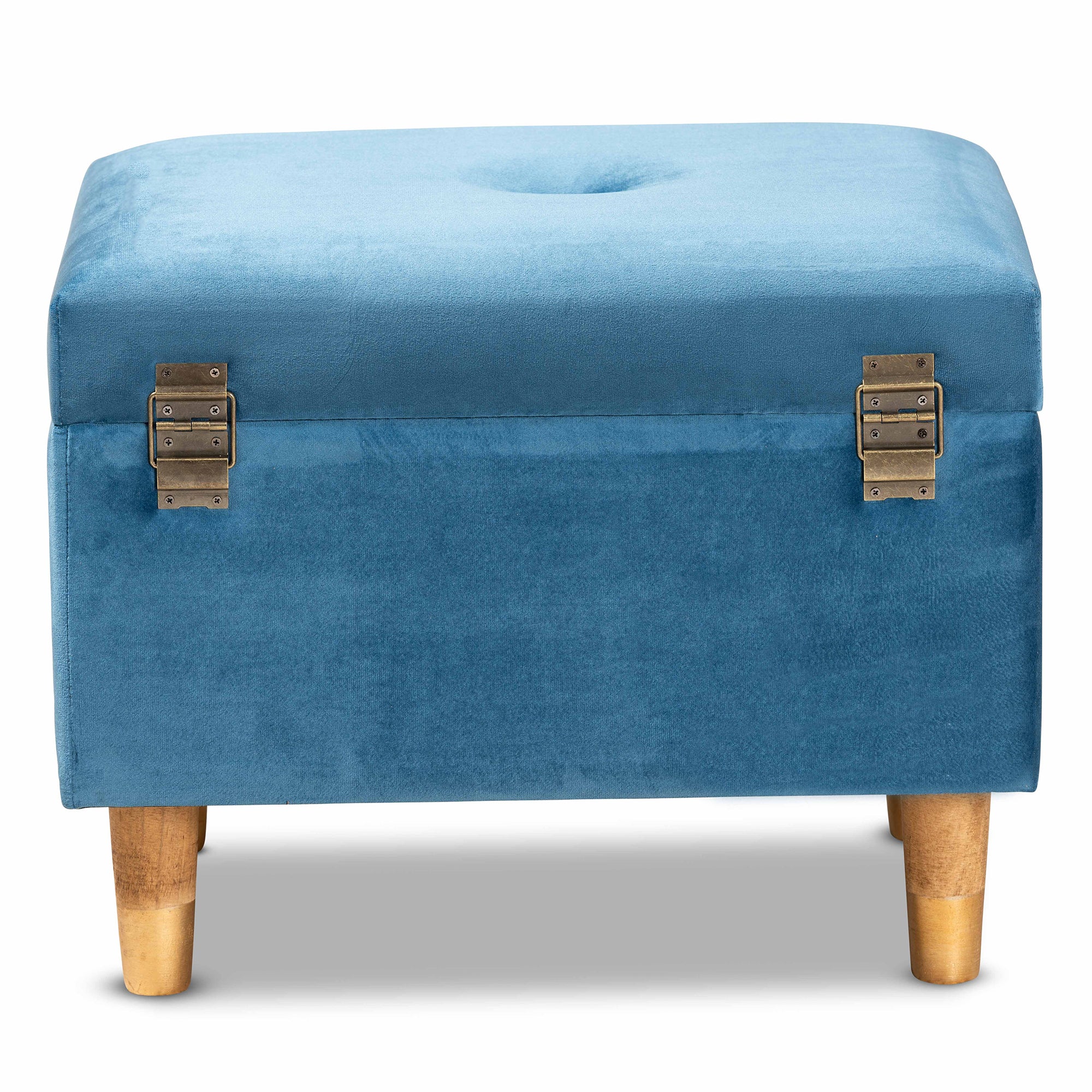 Elias Modern and Contemporary Sky Blue Velvet Fabric Upholstered and Oak Brown Finished Wood Storage Ottoman