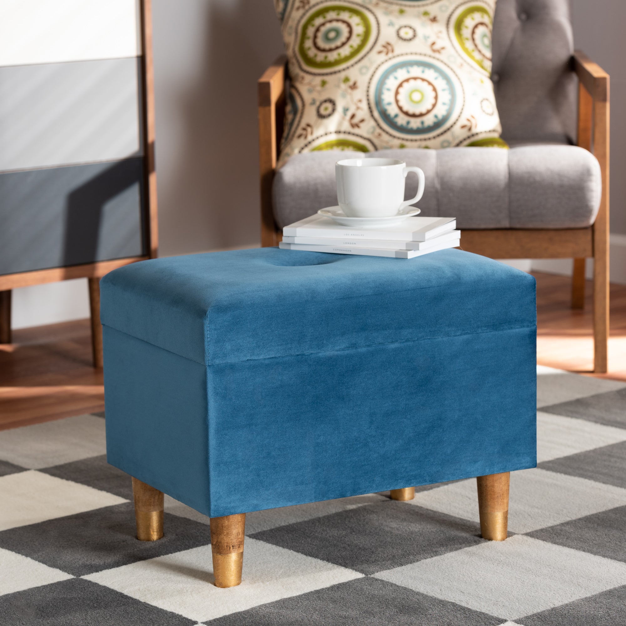 Elias Modern and Contemporary Sky Blue Velvet Fabric Upholstered and Oak Brown Finished Wood Storage Ottoman