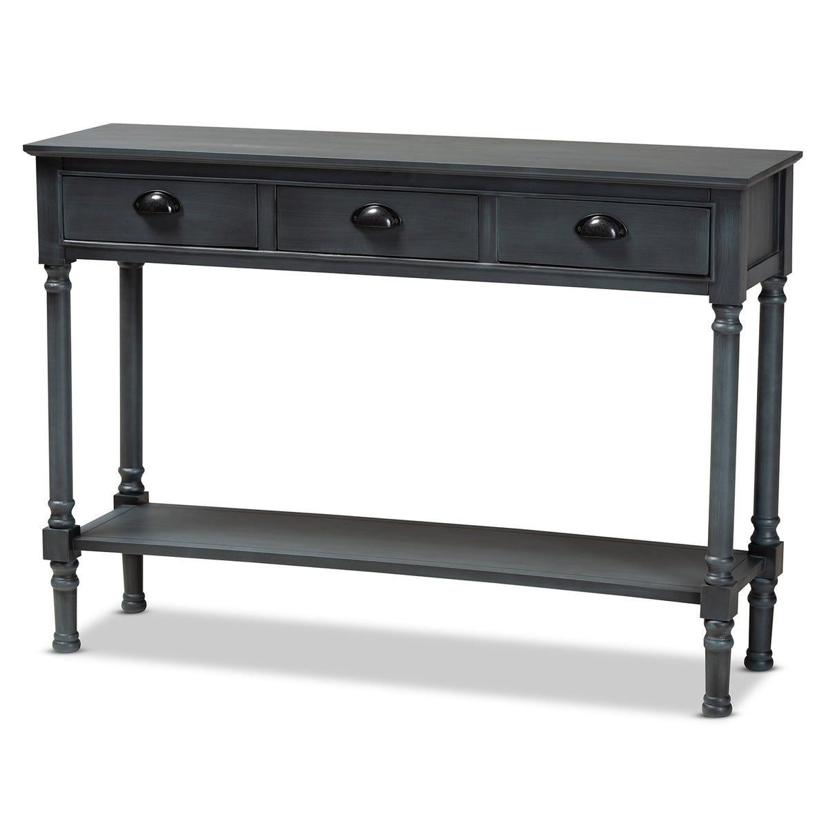 Garvey French Provincial Dark Blue Grey Wood 3-Drawer Entryway Console Table