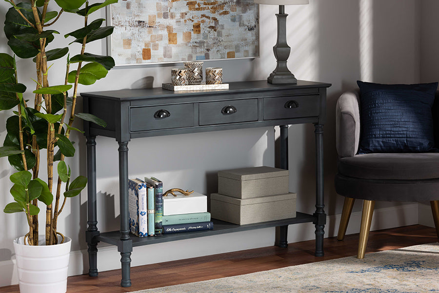 Garvey French Provincial Dark Blue Grey Wood 3-Drawer Entryway Console Table