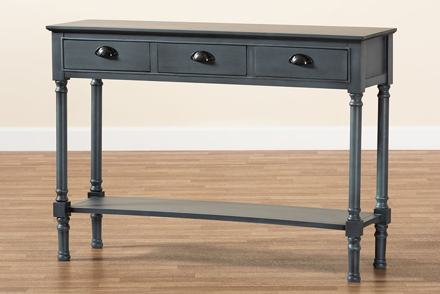 Garvey French Provincial Dark Blue Grey Wood 3-Drawer Entryway Console Table