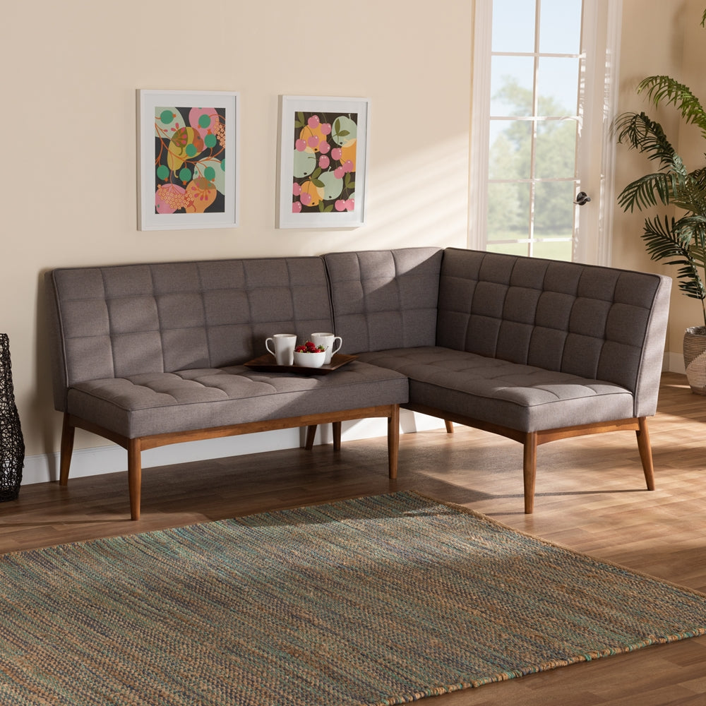 Sanford Mid-Century Modern Grey Fabric Upholstered and Walnut Brown Finished Wood 2-Piece Dining Nook Banquette Set