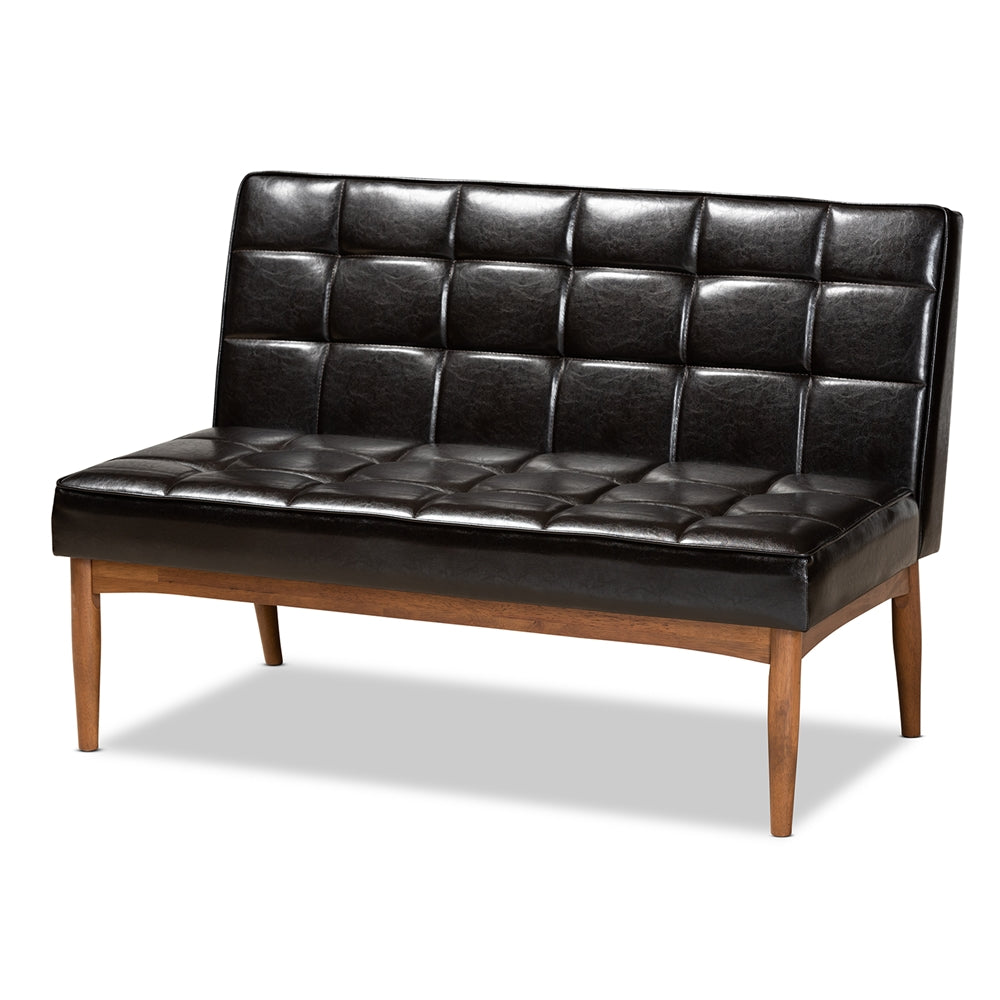 Sanford Mid-Century Modern Dark Brown Faux Leather Upholstered and Walnut Brown Finished Wood 2-Piece Dining Nook Banquette Set
