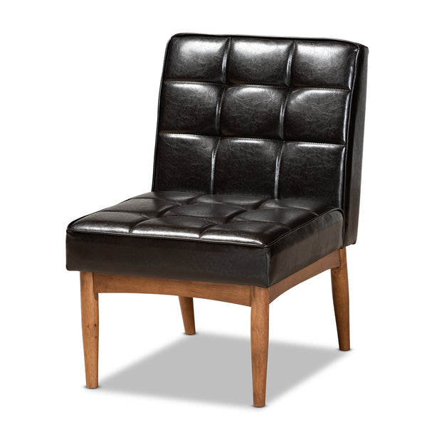 Sanford Mid-Century Modern Dark Brown Faux Leather Upholstered and Walnut Brown Finished Wood Dining Chair
