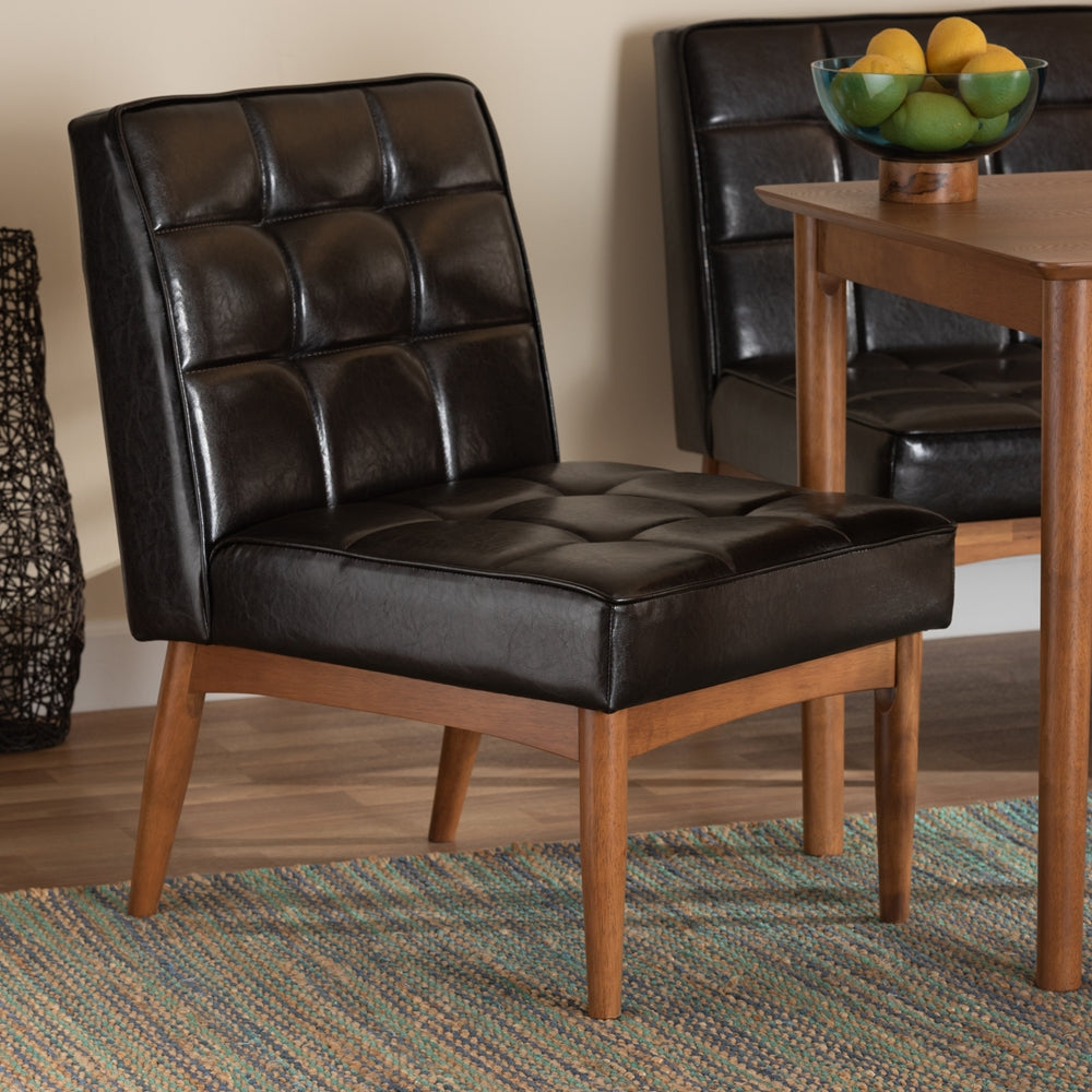 Sanford Mid-Century Modern Dark Brown Faux Leather Upholstered and Walnut Brown Finished Wood Dining Chair