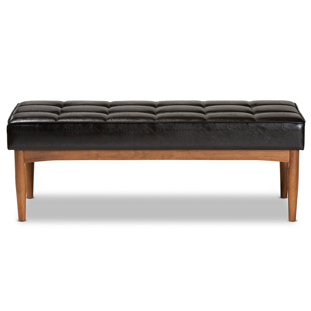 Sanford Mid-Century Modern Dark Brown Faux Leather Upholstered and Walnut Brown Finished Wood Dining Bench