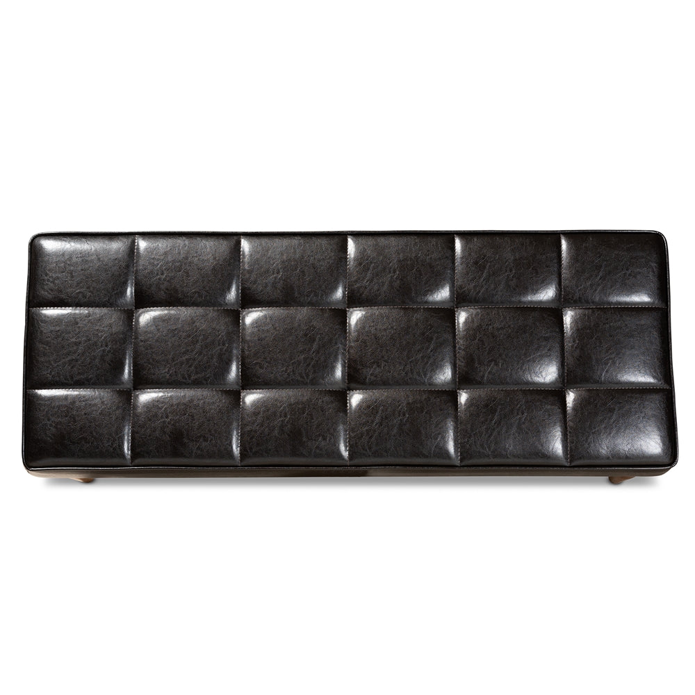 Sanford Mid-Century Modern Dark Brown Faux Leather Upholstered and Walnut Brown Finished Wood Dining Bench