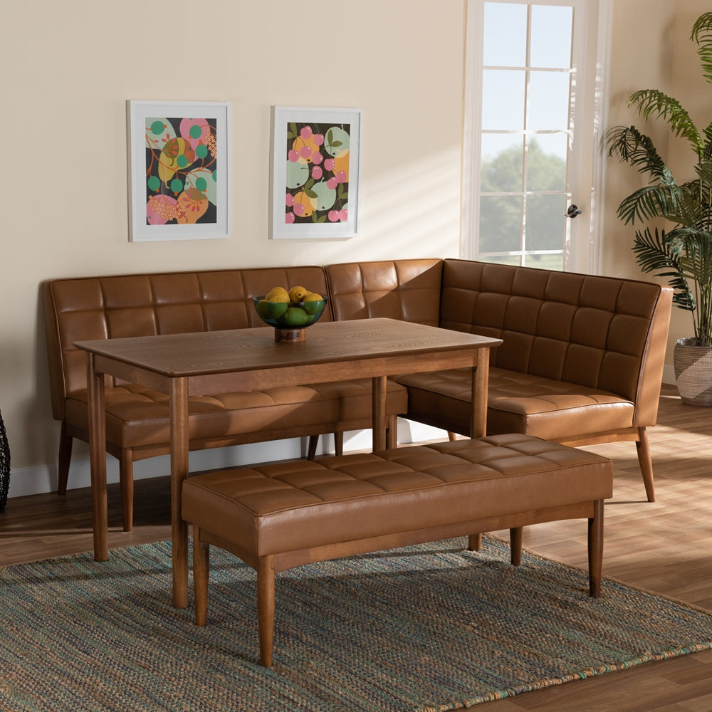 Sanford Mid-Century Modern Tan Faux Leather Upholstered and Walnut Brown Finished Wood 4-Piece Dining Nook Set