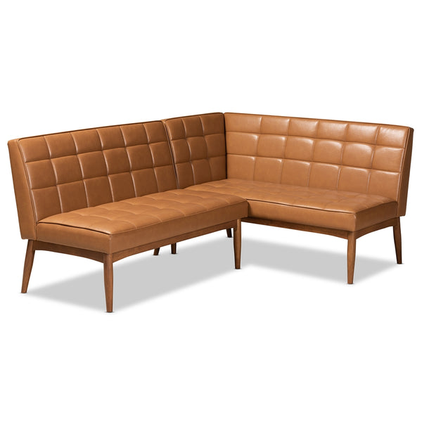 Sanford Mid-Century Modern Tan Faux Leather Upholstered and Walnut Brown Finished Wood 2-Piece Dining Nook Banquette Set