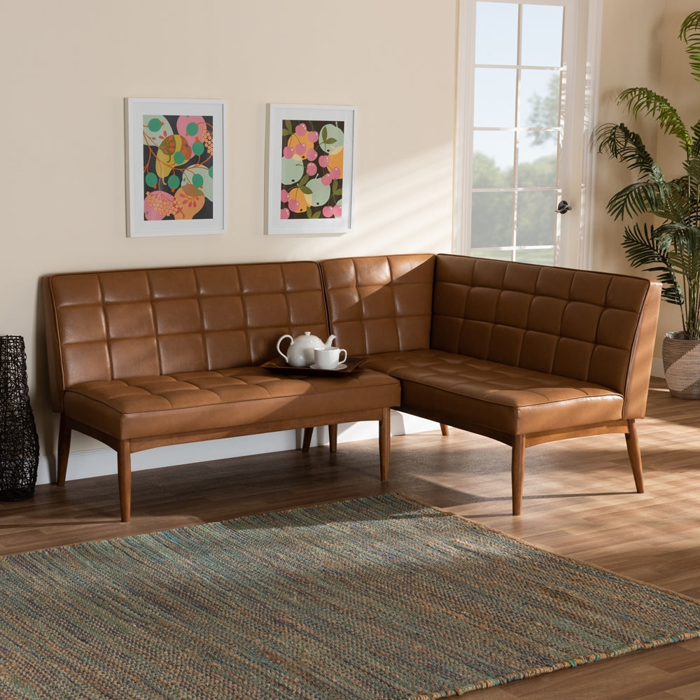 Sanford Mid-Century Modern Tan Faux Leather Upholstered and Walnut Brown Finished Wood 2-Piece Dining Nook Banquette Set