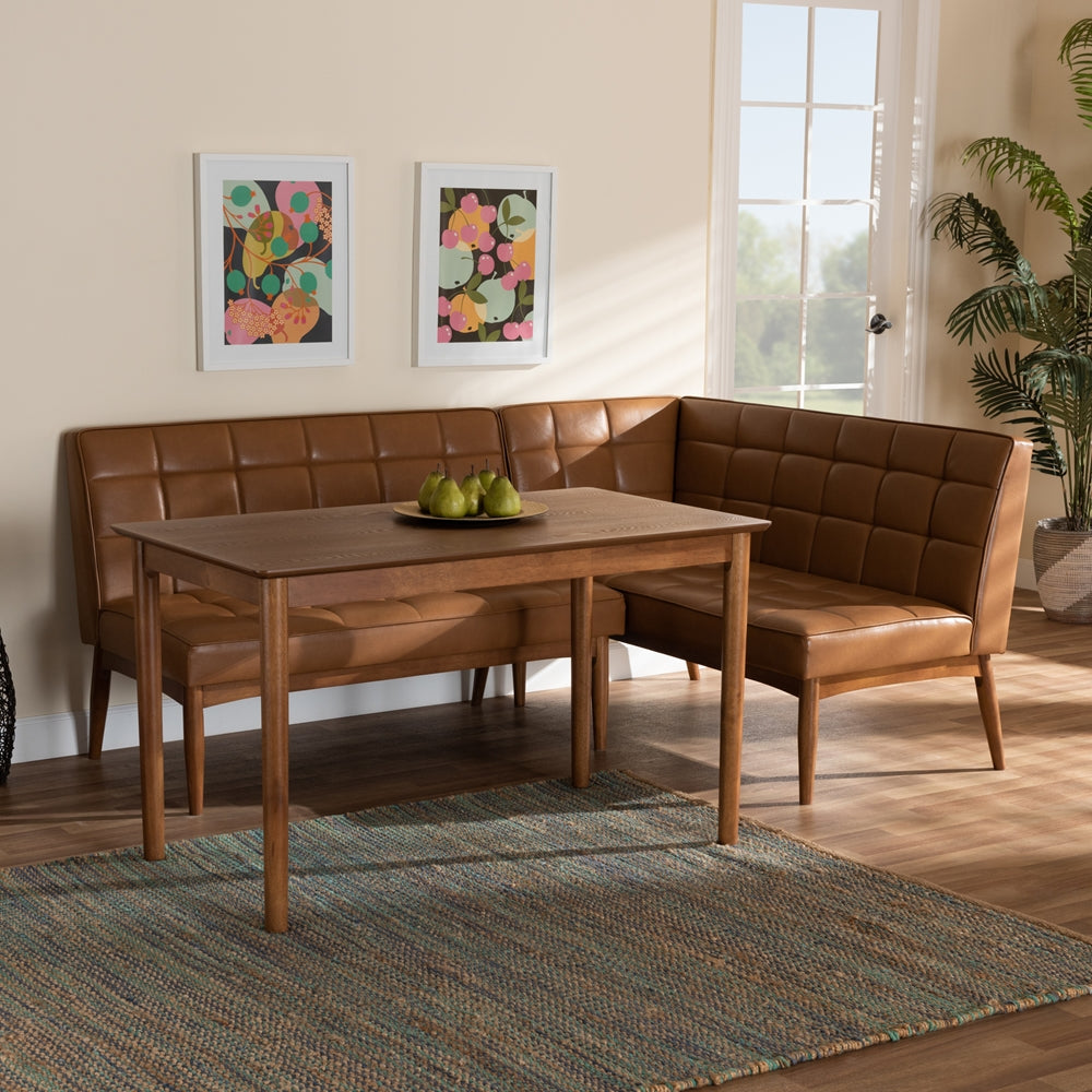 Sanford Mid-Century Modern Tan Faux Leather Upholstered and Walnut Brown Finished Wood 3-Piece Dining Nook Set