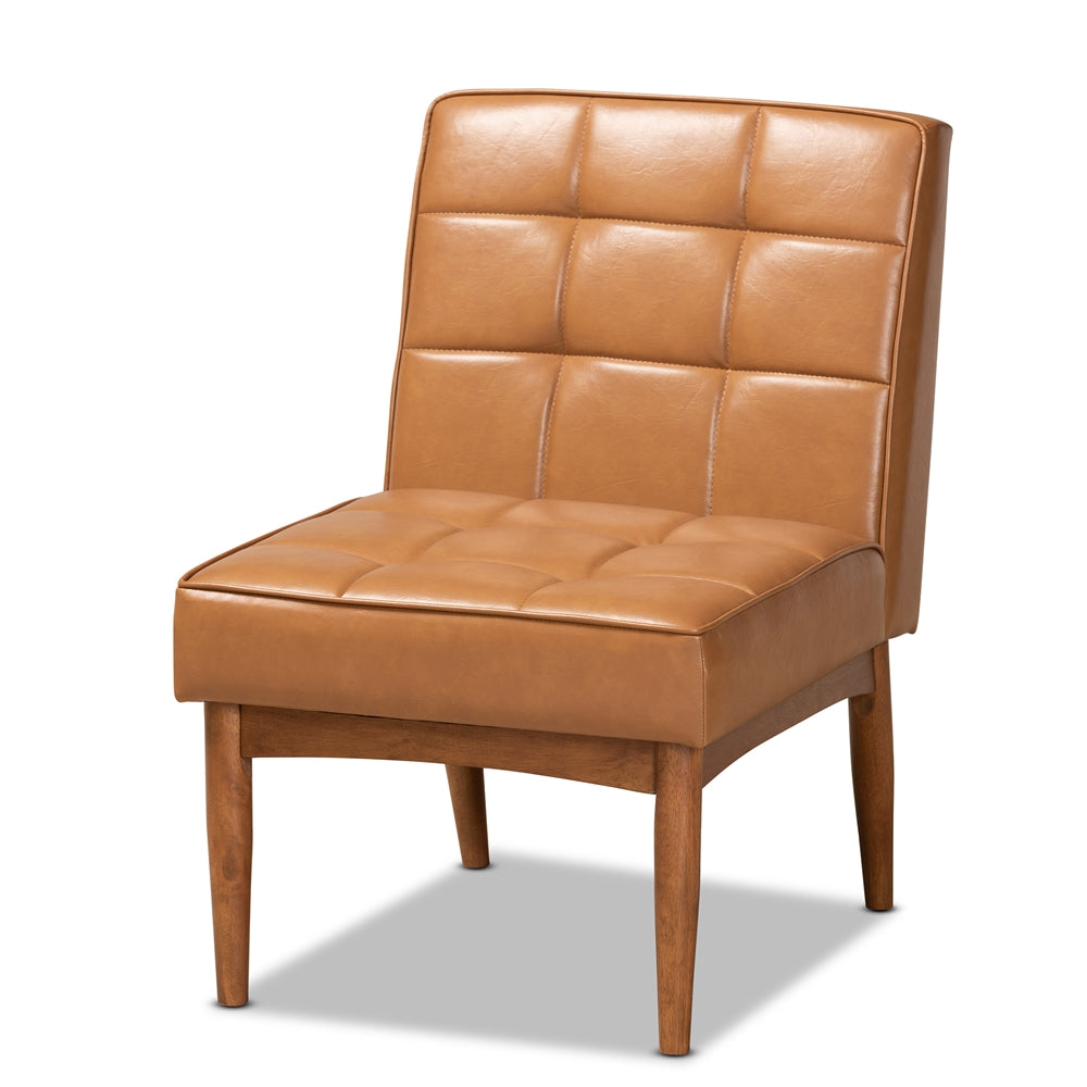 Sanford Mid-Century Modern Tan Faux Leather Upholstered and Walnut Brown Finished Wood Dining Chair