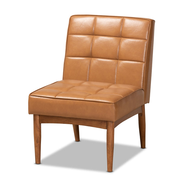 Sanford Mid-Century Modern Tan Faux Leather Upholstered and Walnut Brown Finished Wood Dining Chair
