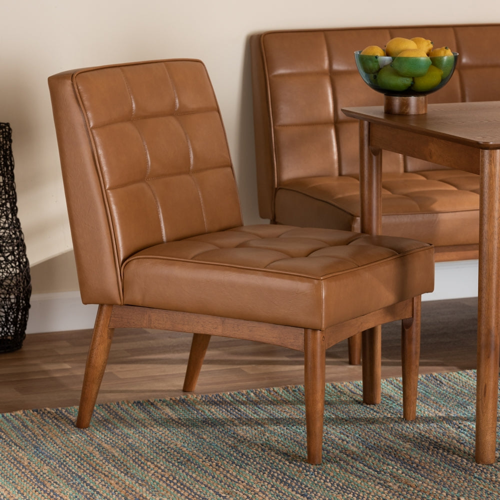 Sanford Mid-Century Modern Tan Faux Leather Upholstered and Walnut Brown Finished Wood Dining Chair