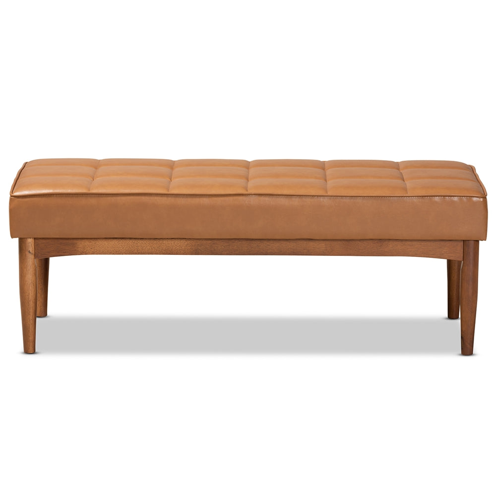 Sanford Mid-Century Modern Tan Faux Leather Upholstered and Walnut Brown Finished Wood Dining Bench