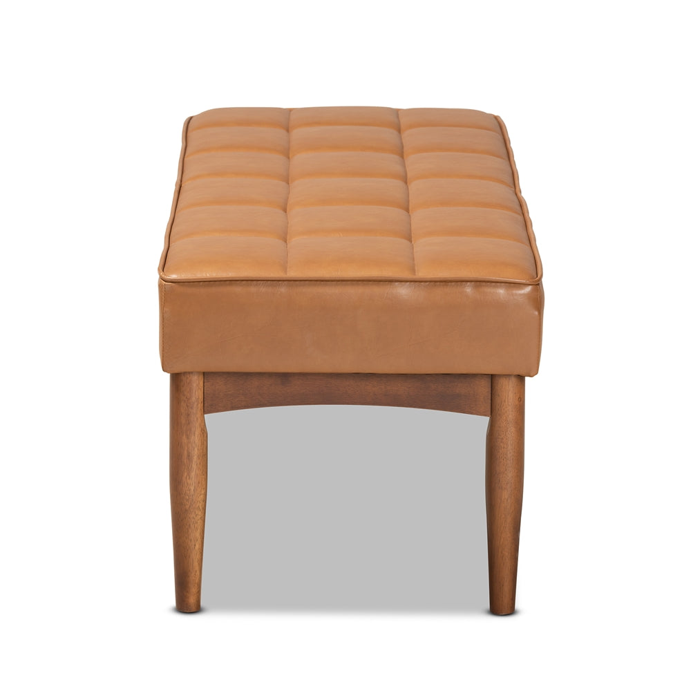 Sanford Mid-Century Modern Tan Faux Leather Upholstered and Walnut Brown Finished Wood Dining Bench