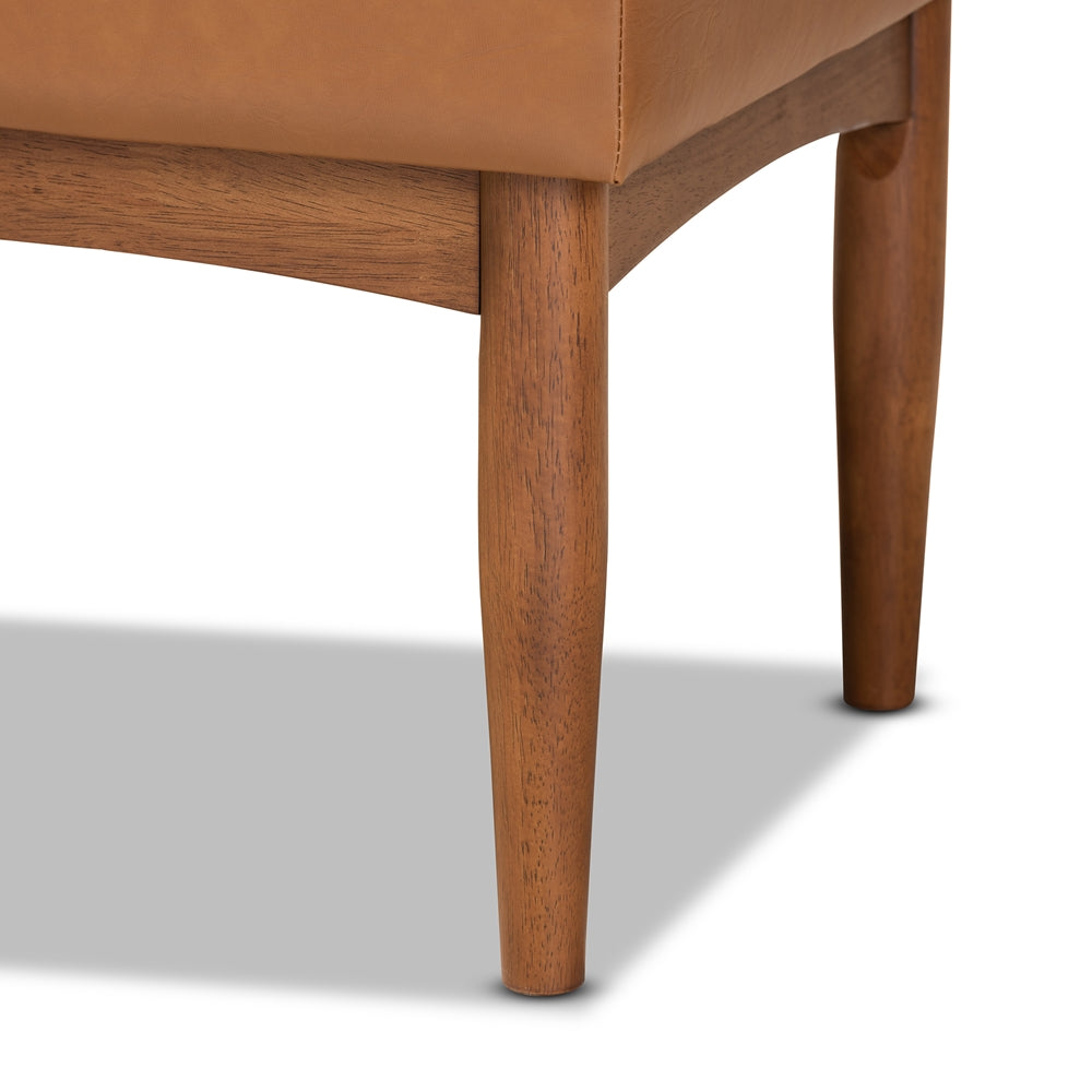 Sanford Mid-Century Modern Tan Faux Leather Upholstered and Walnut Brown Finished Wood Dining Bench